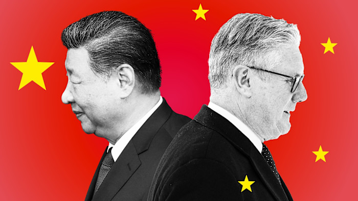 Montage of side views of Xi Jinping and Keir Starmer against a background of a China flag