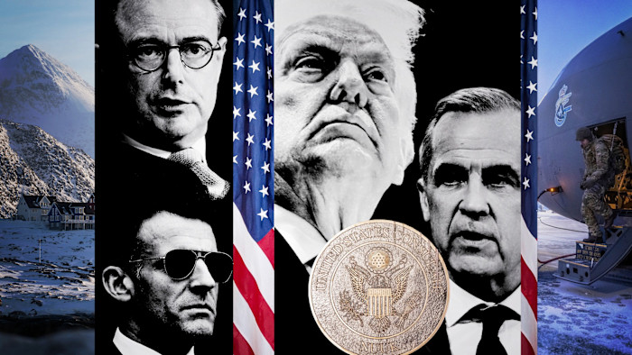 A montage of world leaders and Trump with a background of Greenland