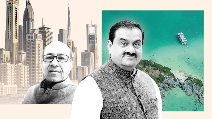 A composite image of Vinod and Gautam Adani against a backdrop of Dubai and Bermuda