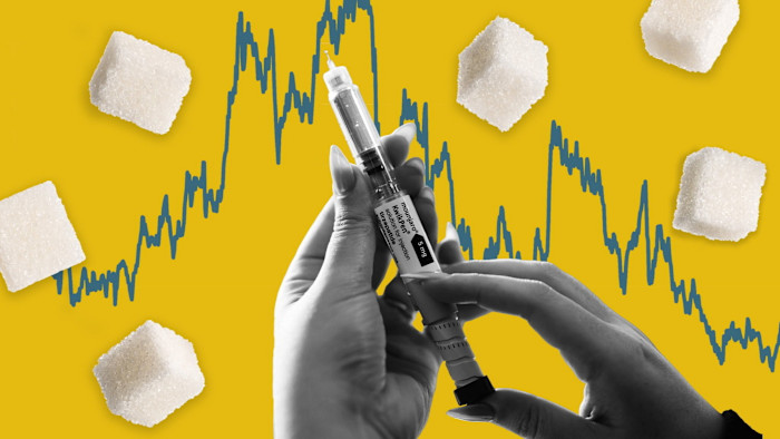 A person holds a Mounjaro injection pen against a yellow background with sugar cubes and a blue fluctuating line chart.