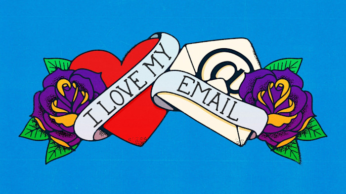 Illustration of a red heart and envelope flanked by purple flowers, wrapped in a ribbon reading “I Love My Email”.