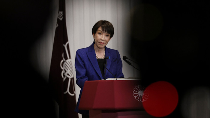 Japan’s Prime Minister Sanae Takaichi speaks during a press conference at the ruling Liberal Democratic Party headquarters in Tokyo on Monday