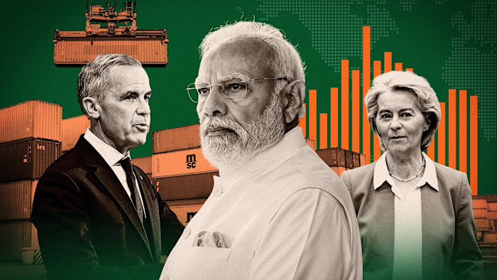 Montage of Canadian Prime Minister Mark Carney, European Commission president Ursula von der Leyen and Indian Prime Minister Narendra Modi