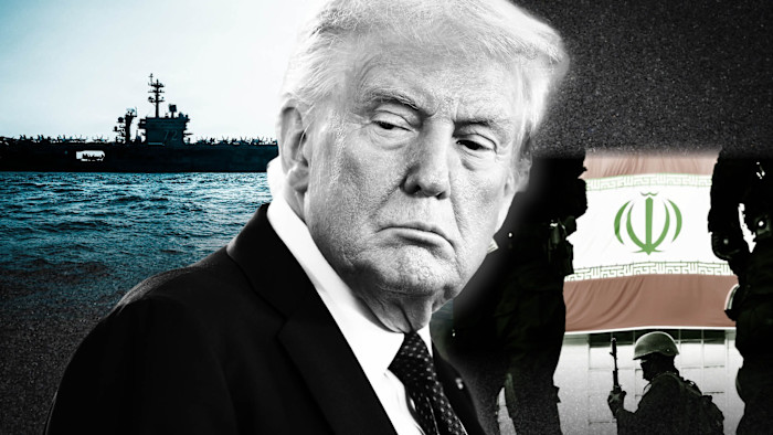 A montage of US President Donald Trump in the foreground, with the USS Abraham Lincoln and members of Iran’s police special forces monitoring an area in front of an Iranian flag during a pro-government rally in downtown Tehran, Iran, on January 12 2026, in the background.