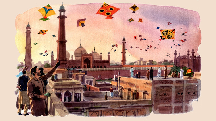 A watercolour illustration of a city shown from the rooftops, colourful kites fly between minaret towers