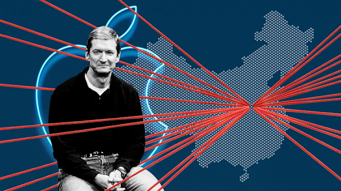Tim Cook, an Apple logo and a map of China, with red lines going into the country, centring on Zhengzhou
