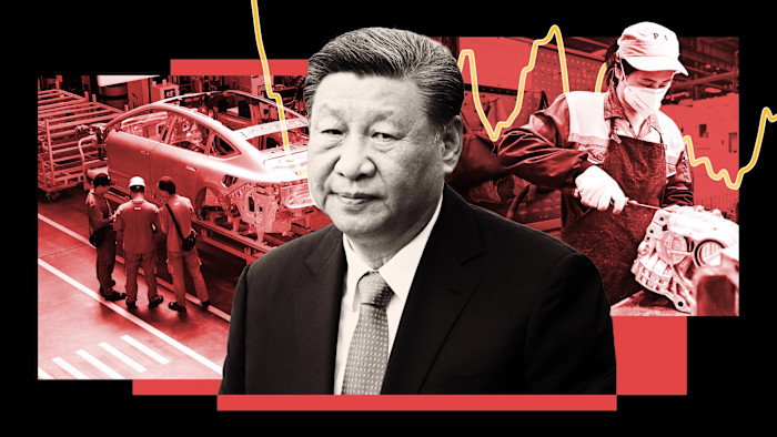 Composite image of China’s industrial economy: in the foreground is Chinese President Xi Jinping, behind him are workers of electric vehicle chassis on a factory floor and a female factory worker