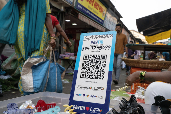 A QR code for the Paytm digital payment system at a store in Mumbai