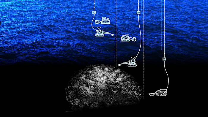 Montage of a mineral nodule at the bottom of the ocean overlaid with graphics of deepsea mining equipment that operates at different depths