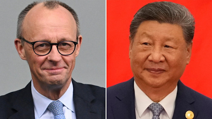 Friedrich Merz and Xi Jinping in a side-by-side portrait; Merz wears glasses and a suit, Xi wears a suit with a pin.