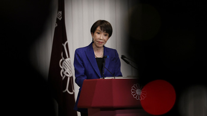 Japan’s Prime Minister Sanae Takaichi speaks during a press conference at the ruling Liberal Democratic Party headquarters in Tokyo on Monday