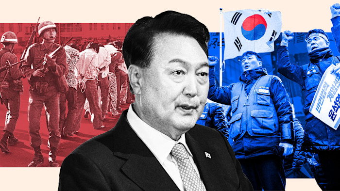 Montage image of Yoon and two protests, from 1980 (left) and 2024 (right)