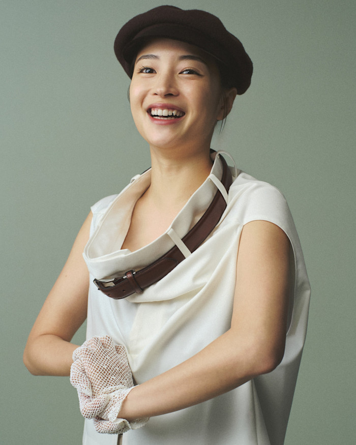 Keisukeyoshida polyester shirt with leather belt detail, £269. Haute Mode Hirata wool hat, £171. Gloves, stylist’s own