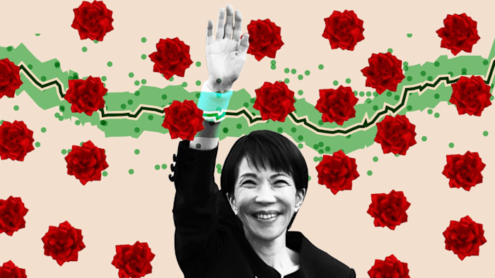 Sanae Takaichi raising her hand, surrounded by red flowers and an upward-trending line in the background