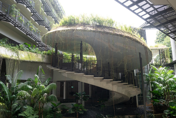 Open-air spiral staircase at a resort surrounded by lush greenery and modern architecture.