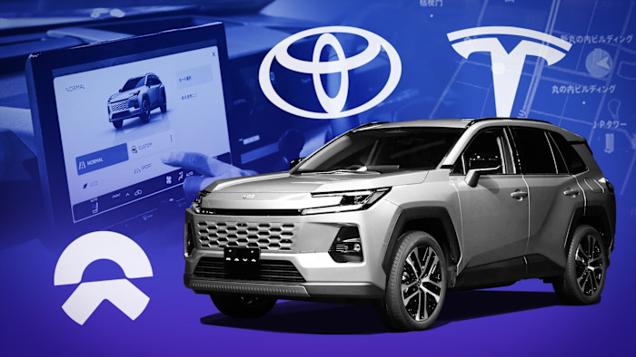 Montage showing a car and logos of Nio, Toyota and Tesla in the background