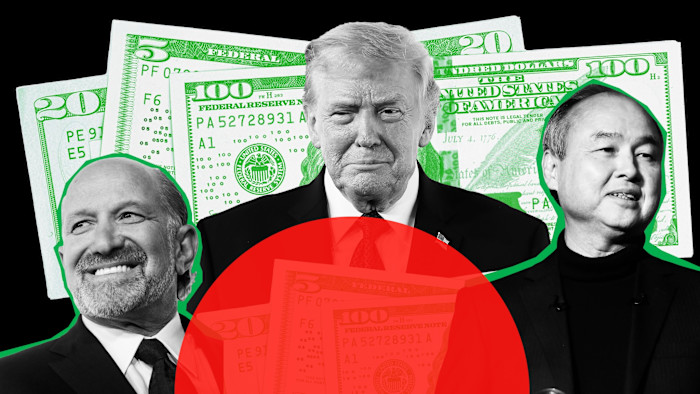 Left to right: US commerce secretary Howard Lutnick, US President Donald Trump and SoftBank founder Masayoshi Son