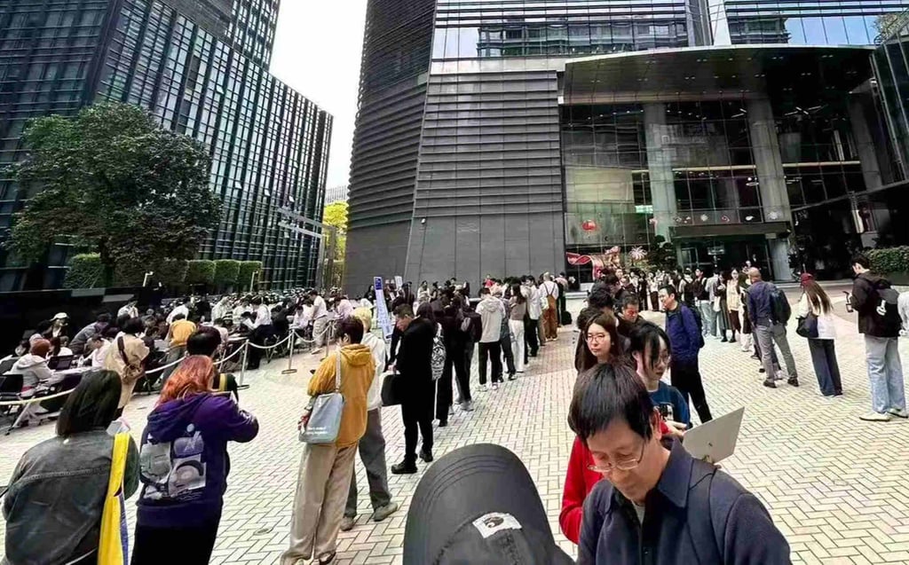 People queue outside Tencent Holdings’ Shenzhen headquarters to have OpenClaw installed. Photo: Handout