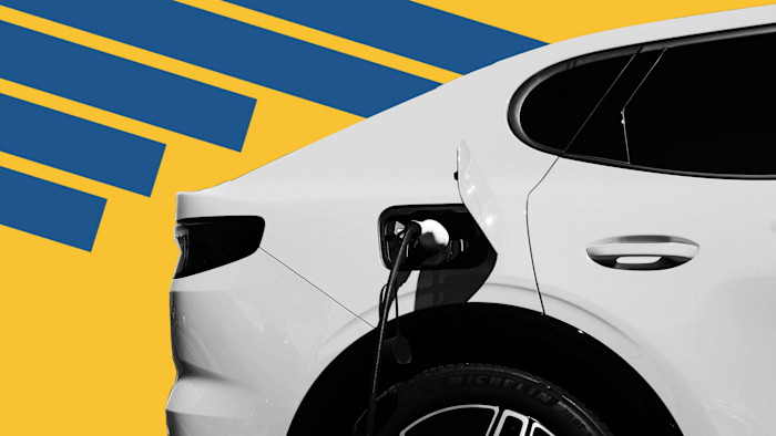 Montage photo of a bar chart and a Ford electric vehicle being charged