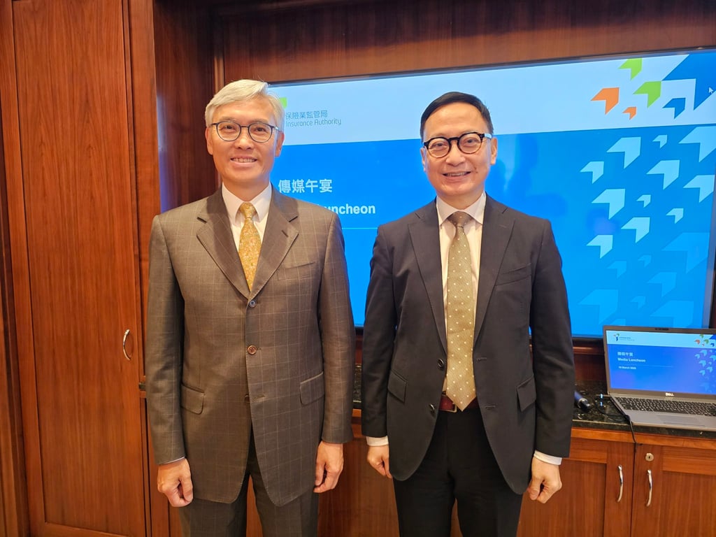 Insurance Authority chairman Stephen Yiu Kin-wah (left) and CEO Clement Cheung Wan-ching meet the media on March 10, 2026. Photo: Enoch Yiu