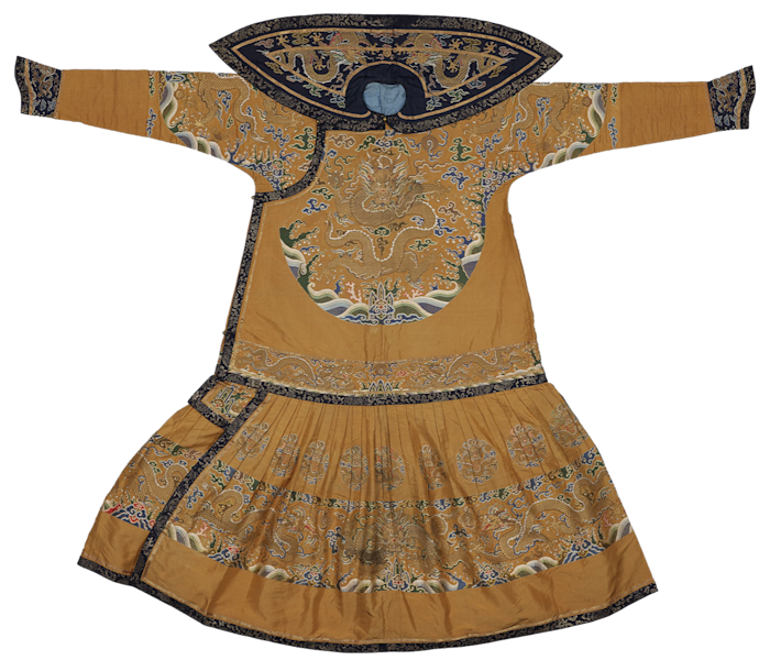 An elaborately embroidered bright yellow robe, embroidered with dragons and clouds, typical of a Qing dynasty emperor 