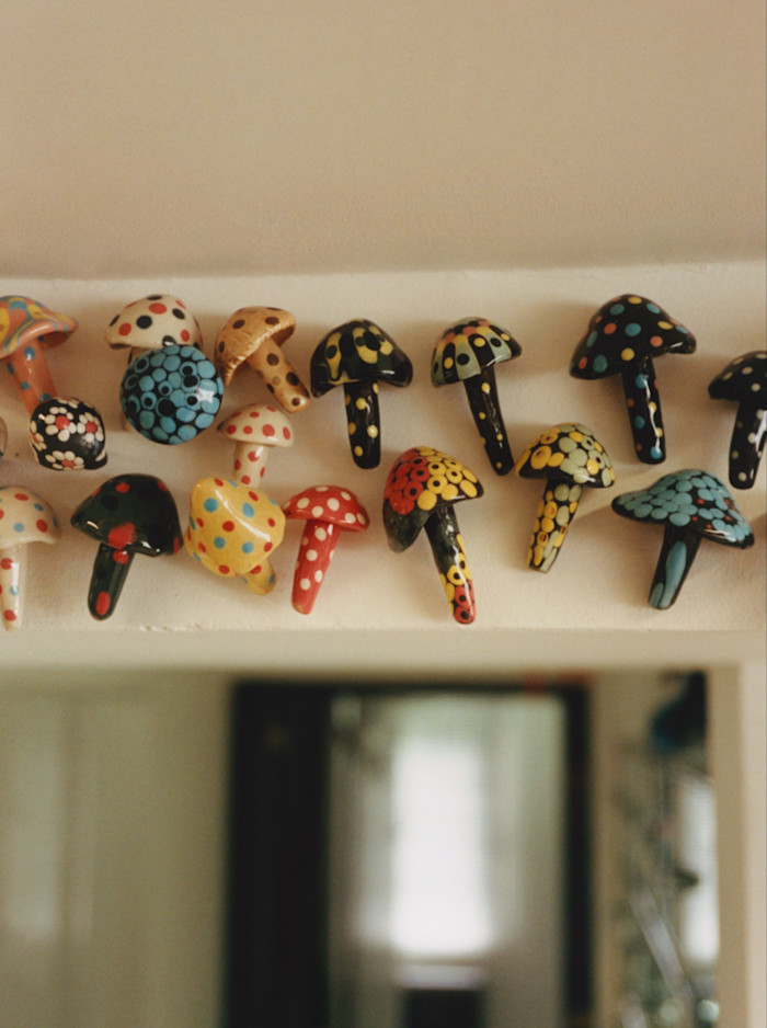 Ceramic mushrooms painted in psychedelic colours