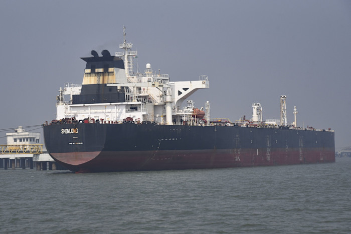 The Suezmax tanker Shenlong, carrying crude oil, docked at Mumbai Port.