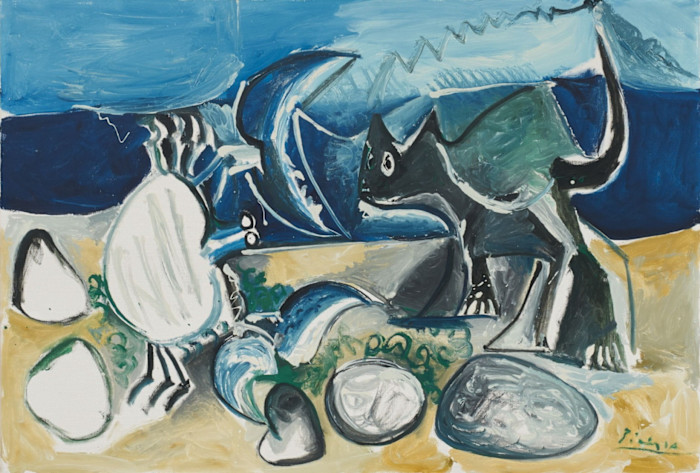 An oil painting by Piccasso showing a stylised black cat facing a blue and white crab on a sandy beach with rocks and blue sea in the background.