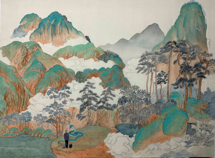 An illustration showing a person in modern clothing with luggage encountering a large blue snake in a traditional Chinese mountain landscape.