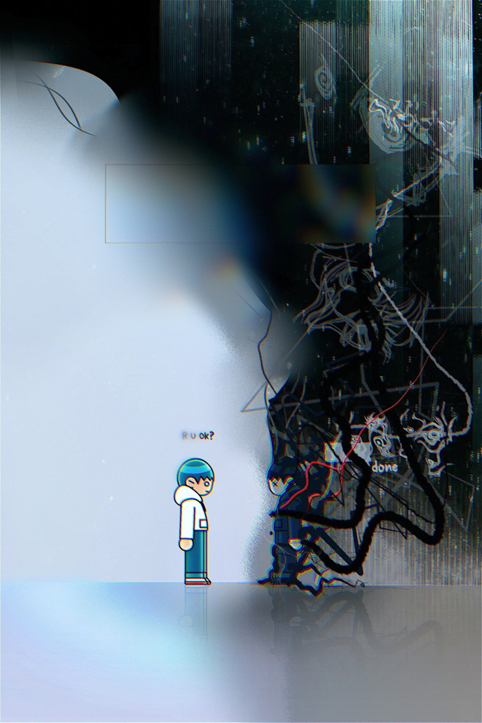 A still from an art video: a stylised figure with blue hair and a white hoodie stands on the left, asking "R U ok?" to a dark, glitch-like figure on the right with the word "done" near it.