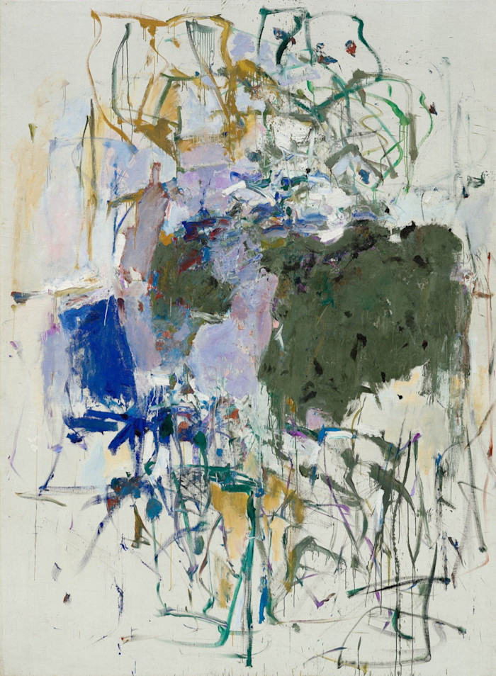 An abstract painting by Joan Mitchell featuring layered brushstrokes in green, blue, purple and yellow on a mostly white background.