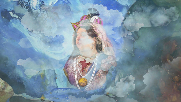 An illustration showing a figure who appears to be Queen Victoria in ornate dress and jewellery, with a map of India on her chest. The figure is partially obscured by clouds against a blue, painterly background.
