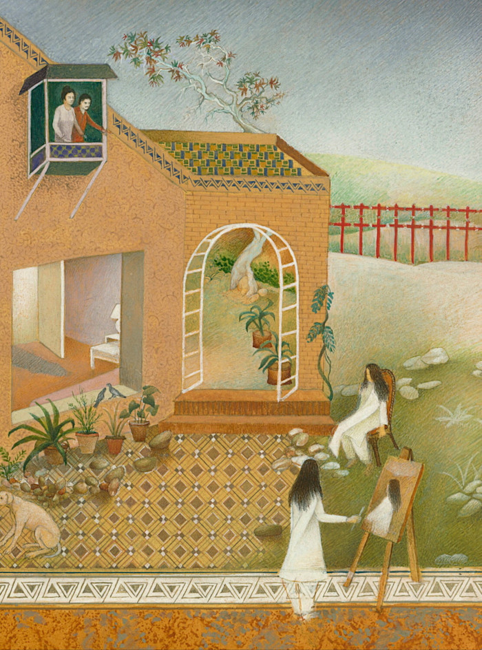 An illustration showing two figures in white clothing, one painting a portrait outdoors while the other sits as the subject, with a courtyard, a dog, and two more figures looking out from a window above.