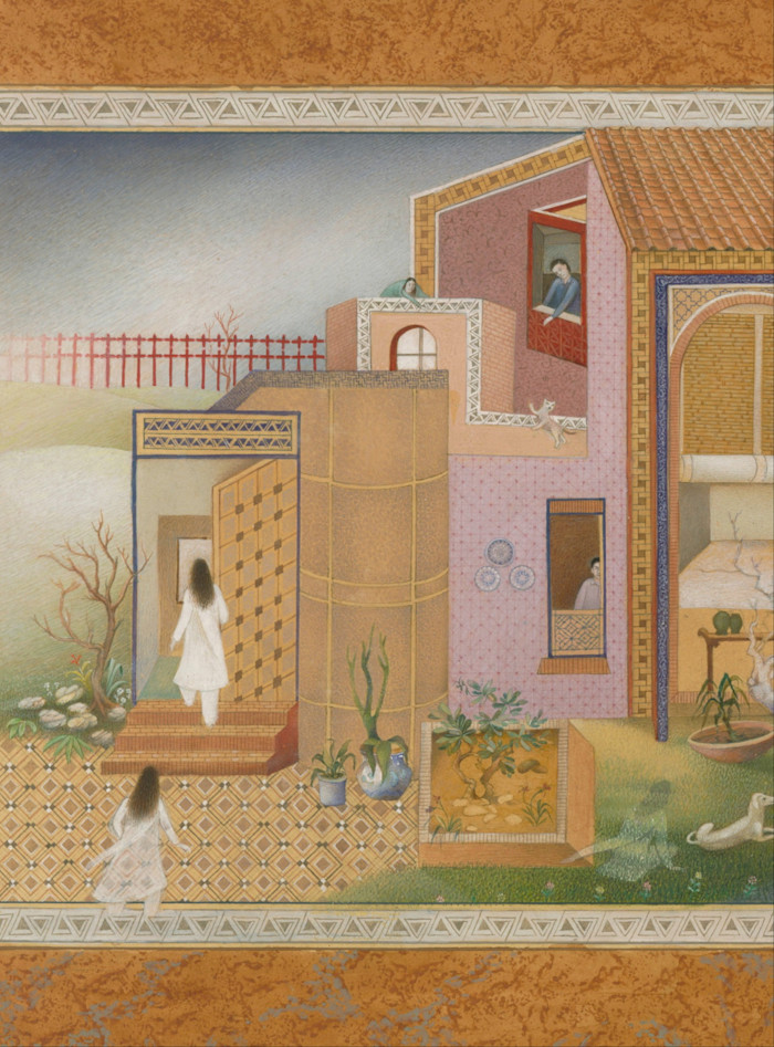 An illustration showing figures in white garments moving through a detailed, architecturally complex courtyard with plants and patterned tiles.