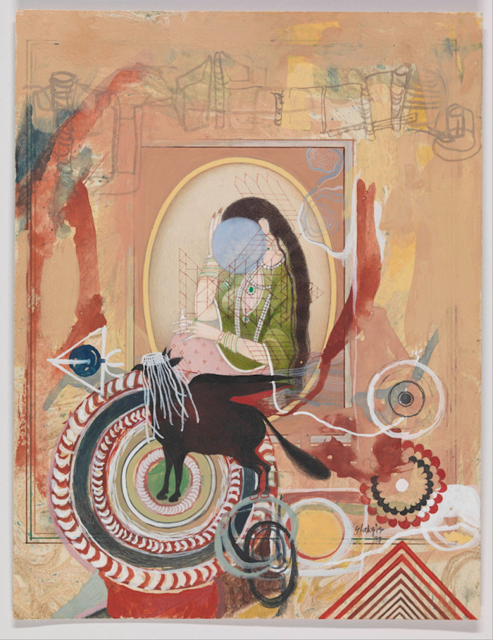 An illustration showing a seated figure in green with a blue circle obscuring the face, surrounded by abstract patterns, a black animal, and geometric shapes.