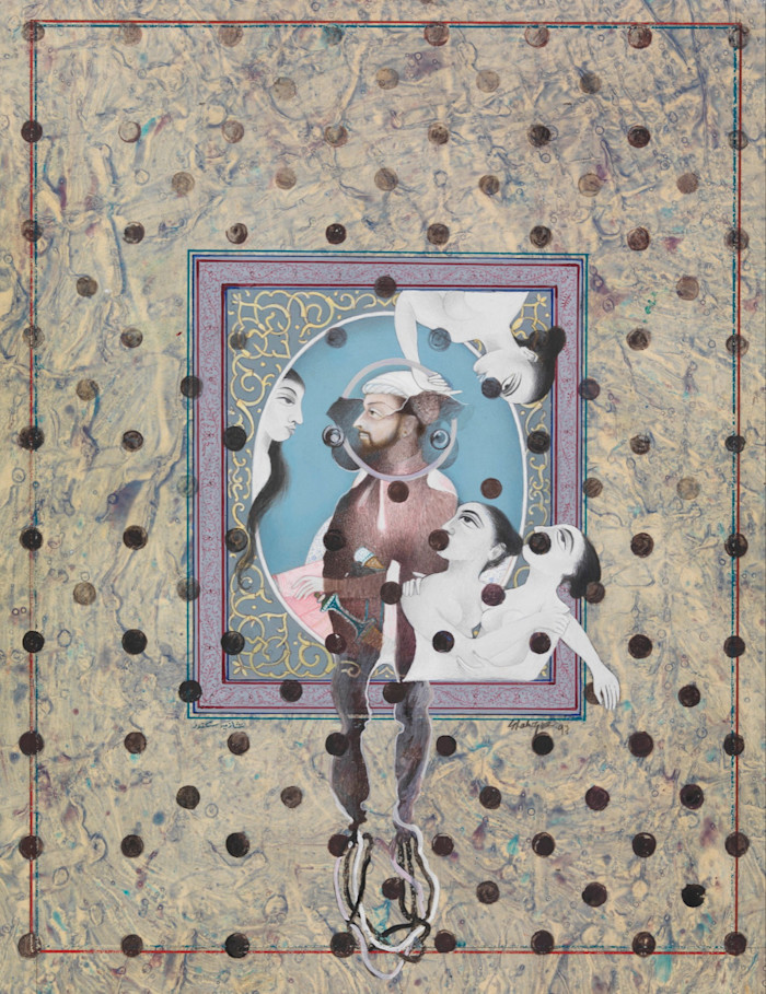 An intricate painting by Shahzia Sikander featuring a central bearded figure in profile, surrounded by three pale, semi-nude figures and ornate gold patterns, overlaid with a grid of dark circular dots on a marbled background.