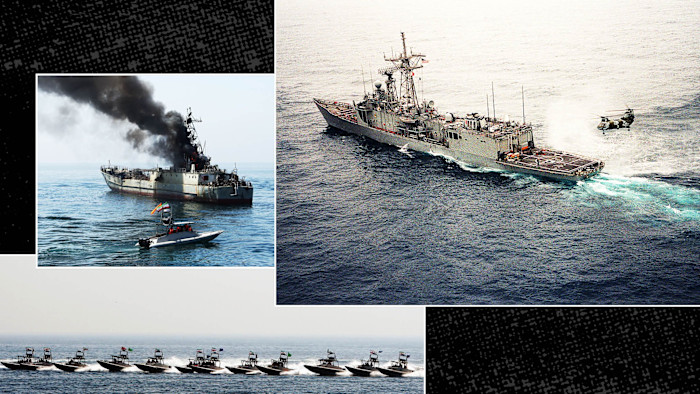 Left, Iran’s elite Revolutionary Guard boats attack a naval vessel during a three-day military drill in the Gulf on April 22, 2010; bottom, Iranian fast boats during same naval exercises; right, a port quarter view of the guided missile frigate USS SAMUEL B. ROBERTS FFG-58 under way after the ship struck a mine on Apr. 14, 1988.