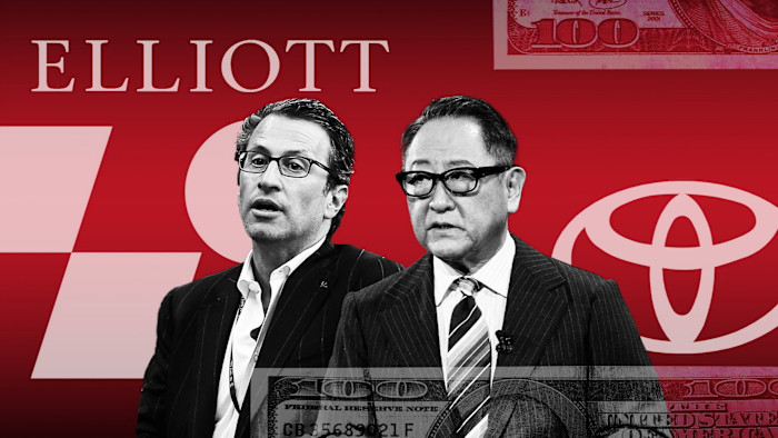 Gordon Singer (left) and Akio Toyoda are shown in front of Elliott Management and Toyota logos with US dollar images in the background