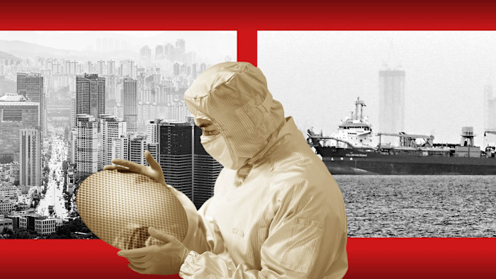 Seoul skyline; semiconductor worker; tanker stuck in Dubai as Hormuz shut