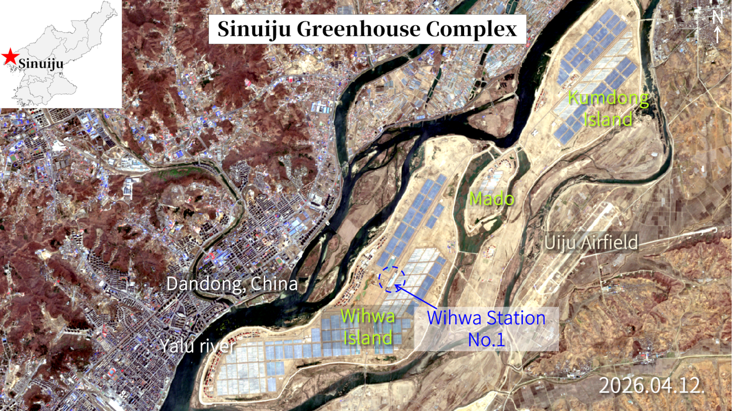 Satellite imagery from the European Space Agency's (ESA) Sentinel-2C shows long rectangular greenhouse structures arranged in neat, parallel rows, with grid-patterned internal roads, research buildings, and management facilities visible throughout the complex. Analyzed by Bruce Songhak Chung