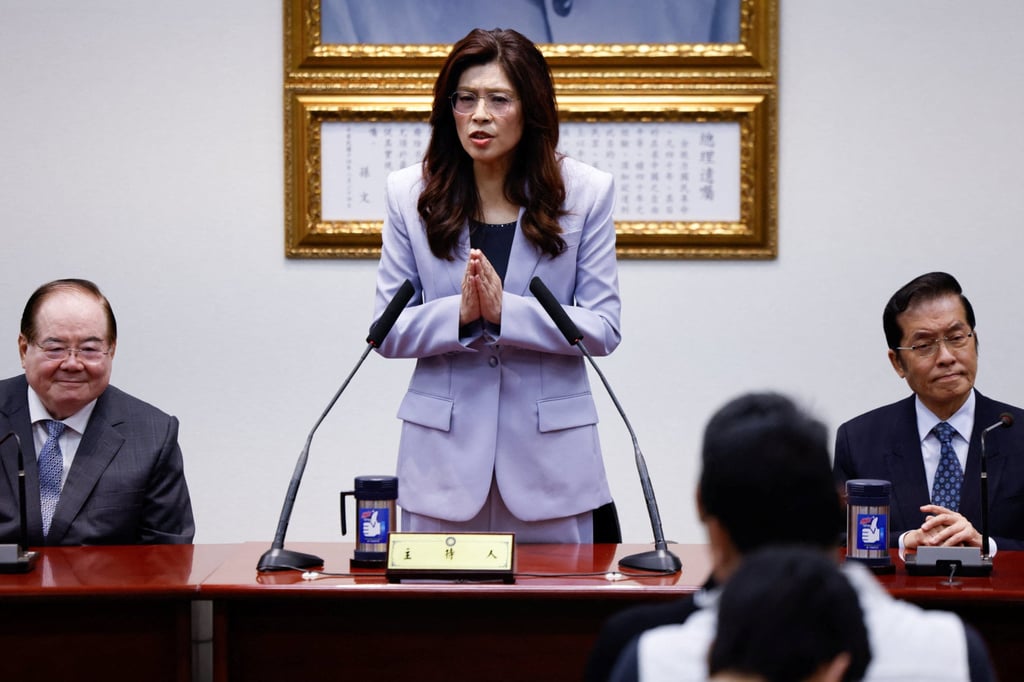 KMT chairwoman Cheng Li-wun told reporters in Taipei that “preserving peace is preserving Taiwan”. Photo: Reuters KMT chairwoman Cheng Li-wun told reporters in Taipei that “preserving peace is preserving Taiwan”. Photo: Reuters