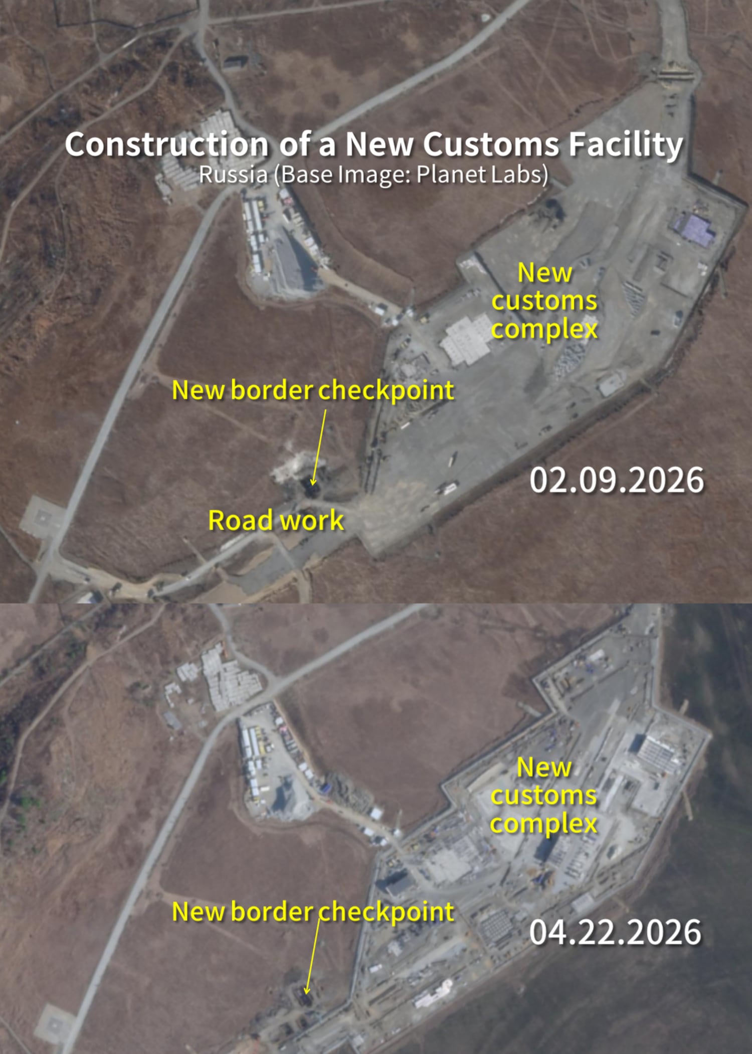 The Russian customs complex is still under construction. Significant progress was made between March and April 2026 and remains actively underway.