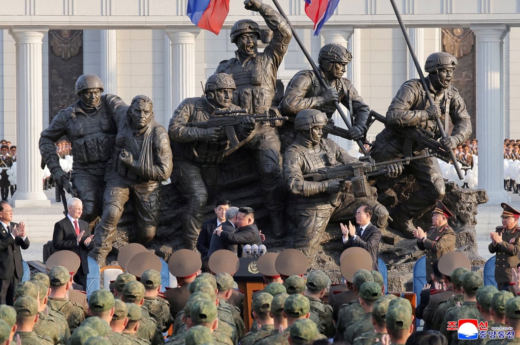North Korean leader Kim Jong-un greets Russian State Duma Chairman Vyacheslav Volodin at the inaugural ceremony of a memorial museum dedicated to North Korean soldiers killed in the Ukraine conflict. Photo: KCNA via Reuters