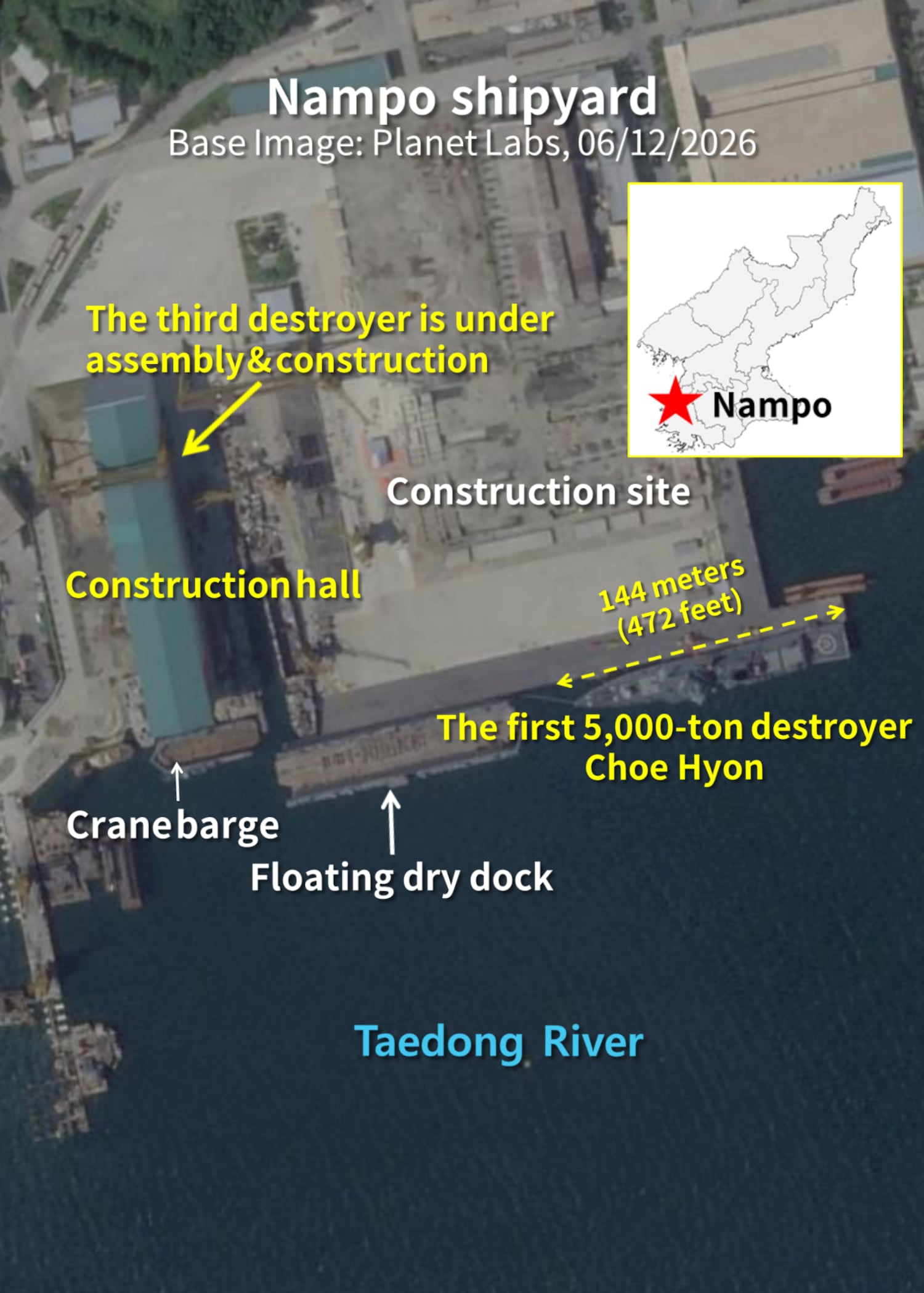 The third destroyer similar to Choe Hyon is currently under construction at Nampo shipyard. Since 2024, the shipyard has undergone expansion and modernization efforts. Some analysts speculate that Nampo could become the site for constructing North Korea’s 10,000-ton-class destroyer in the future.