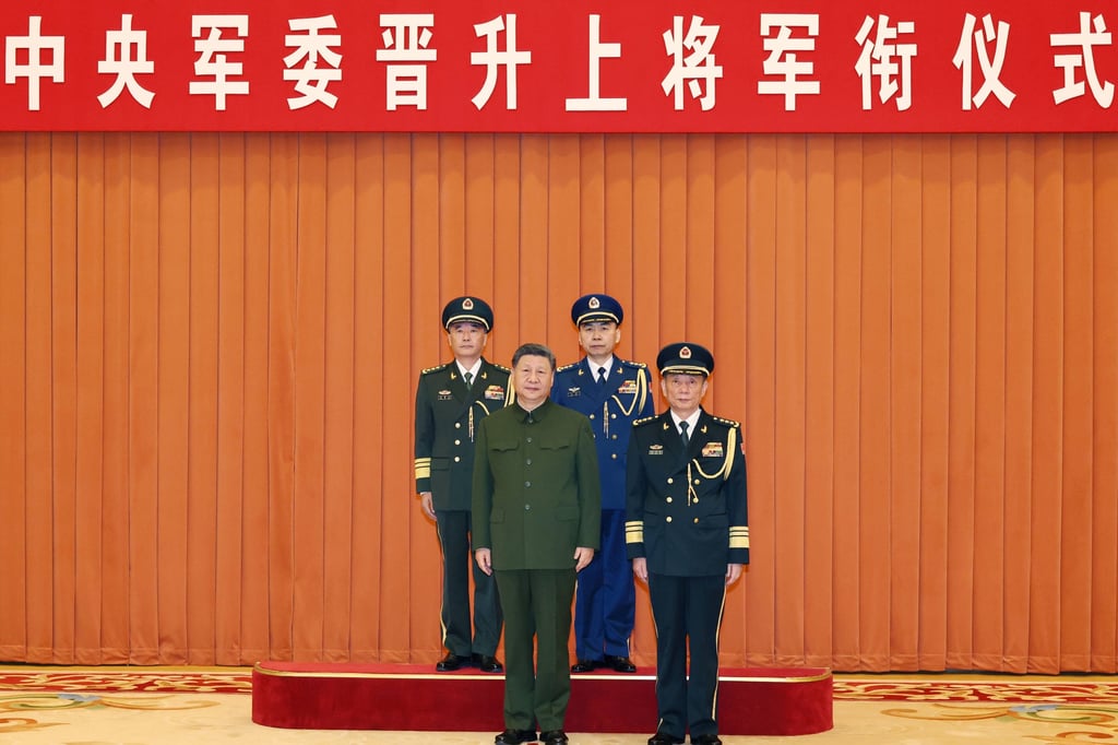 President Xi Jinping, chairman of the Central Military Commission, poses with CMC vice-chairman Zhang Shengmin (front row), and the newly promoted Zhang Shuguang (back row, left) and Wang Gang, in Beijing on July 3. Photo: Xinhua President Xi Jinping, chairman of the Central Military Commission, poses with CMC vice-chairman Zhang Shengmin (front row), and the newly promoted Zhang Shuguang (back row, left) and Wang Gang, in Beijing on July 3. Photo: Xinhua