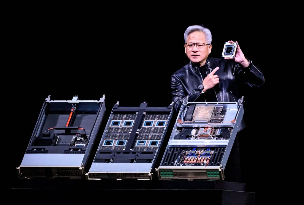 Nvidia CEO Jensen Huang introducing Vera Rubin, a next-generation AI data centre platform, and Rubin Ultra, a next-generation AI GPU architecture, at a conference in San Jose, California, on March 16. He disagrees that Nvidia’s deals are circular. Photo: AFP