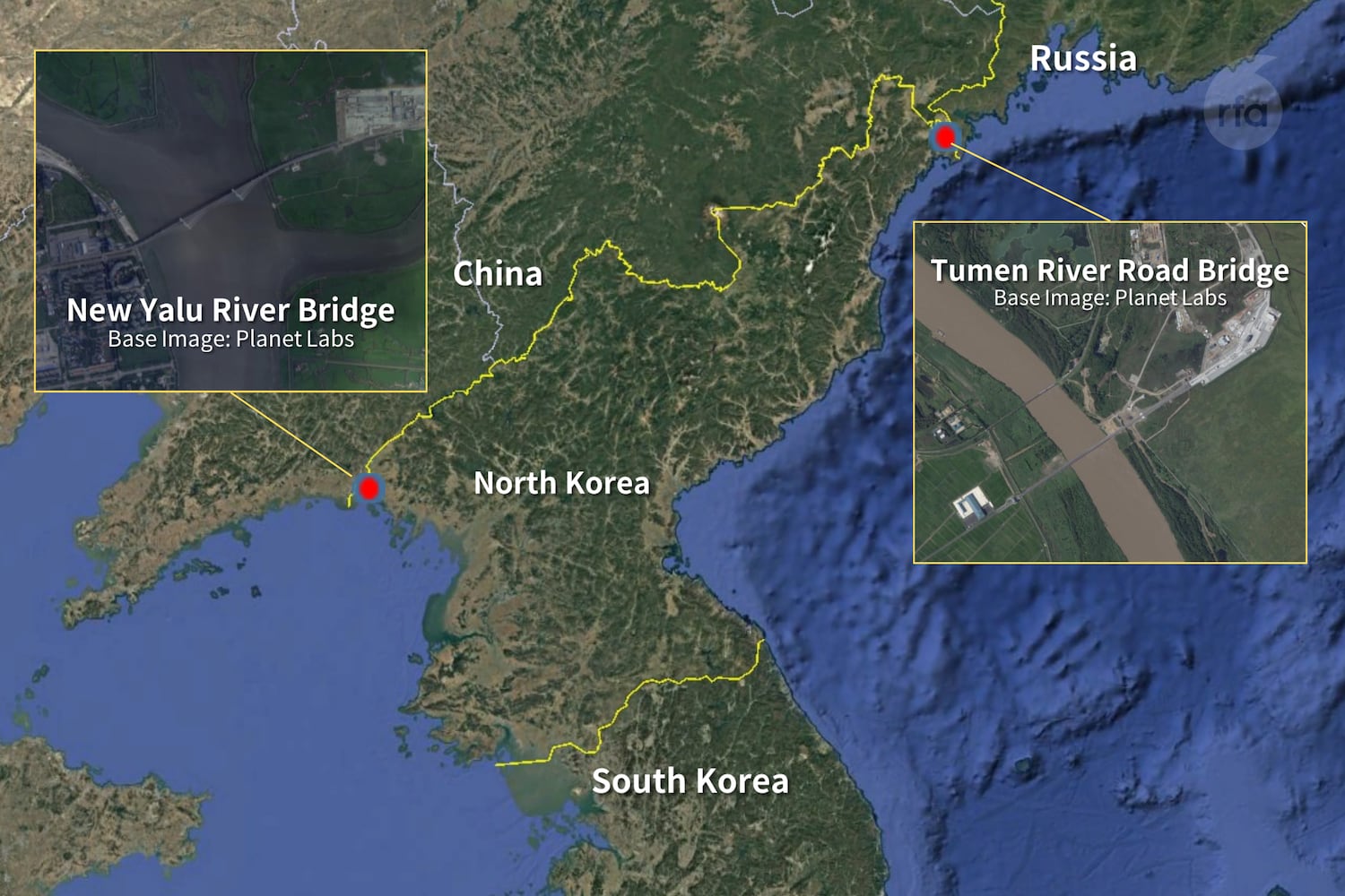 Map showing the locations of the two bridges
